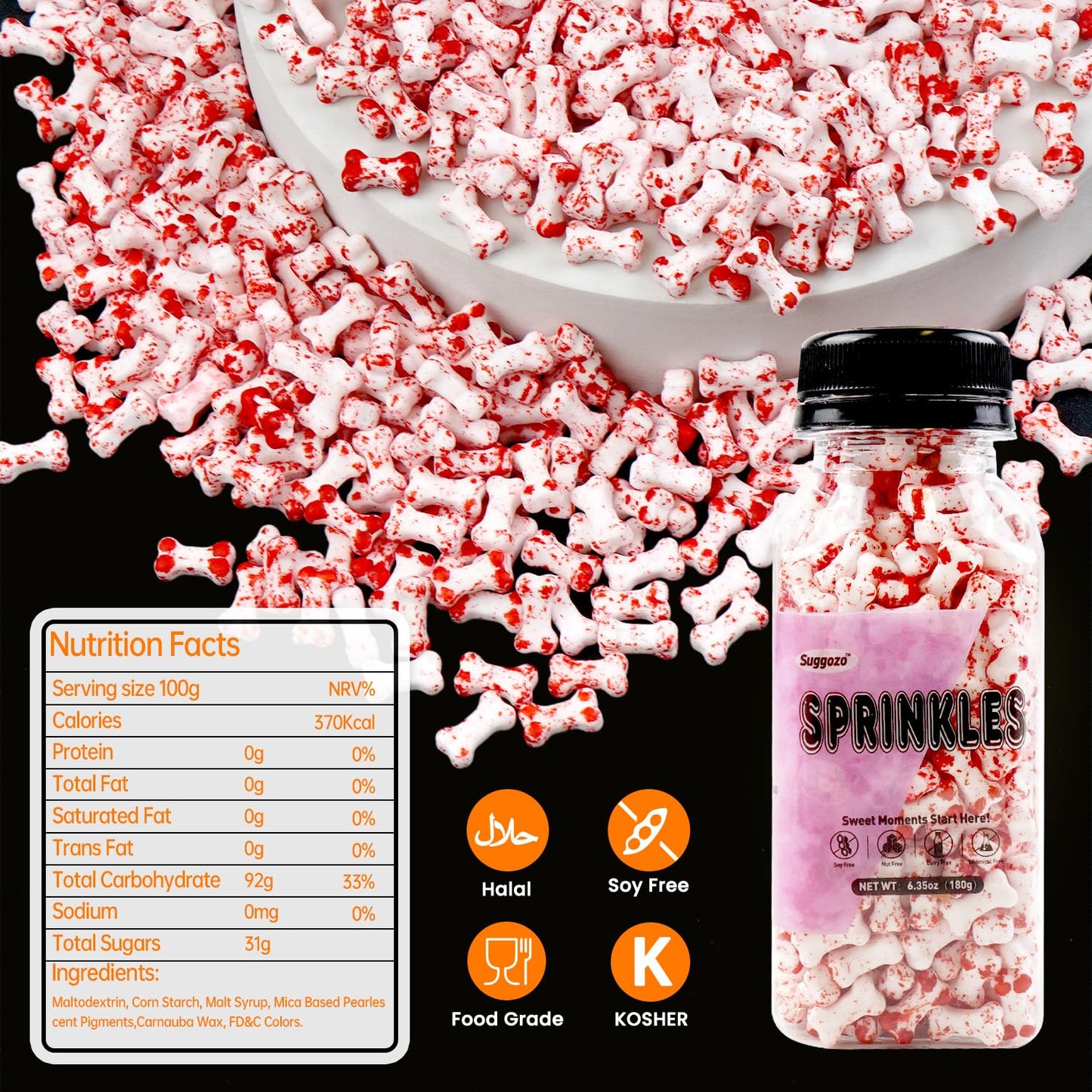 Halloween Sprinkles, Bloody Dog Bones Candy, Halloween Candy, Edible Sprinkles for Cake Decorating, Cupcake Decoration, Cupcake Toppings, Cookie, Ice Cream, 180g/ 6.35oz