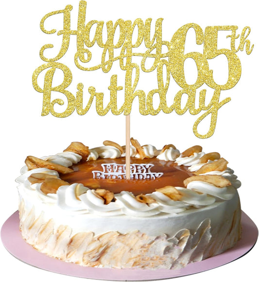 1 PCS Happy 65th Birthday Cake Topper Gold Glitter Cheers to 65 Years Birthday Cake Pick 65 Fabulous Cake Decoration for Happy 65th Birthday Theme Party Decorations Supplies