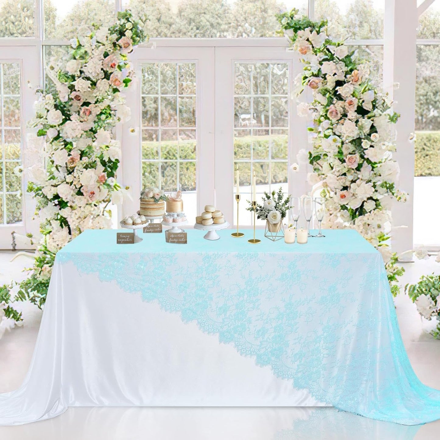 LuoluoHouse Blue Lace Tablecloth 6pcs Table Fabric 60x120 Inch for Rustic Boho Wedding Bridal Shower Party Decoration Rectangle Overlay Long Vintage Embroidered Reception Table Cloth Decor