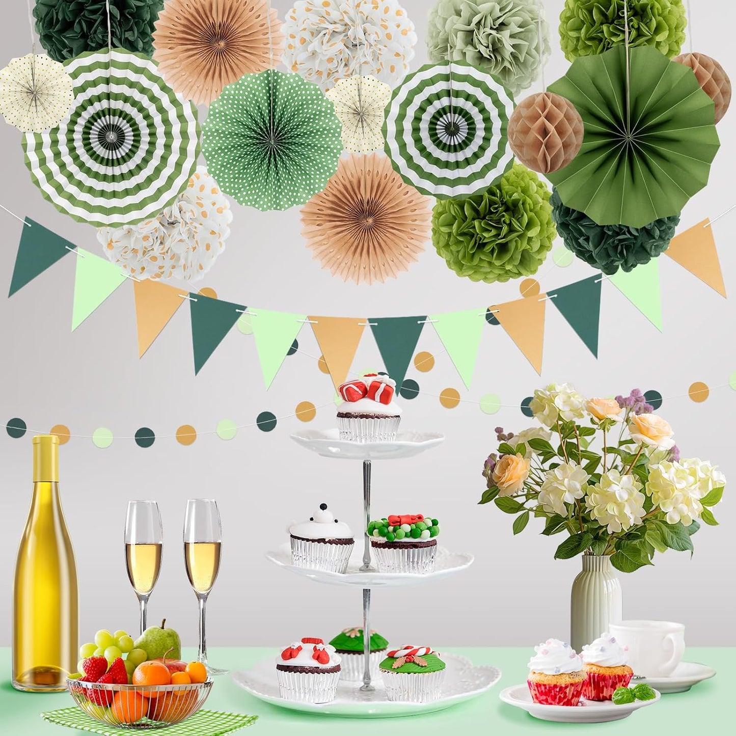 Green Party Decorations - 23Pcs Hanging Paper Fans,Pom Poms Flowers,Garland String Polka Dot and Triangle Bunting Flag Packs for Girls Women Birthday Party Baby Shower Wedding Shower Decor