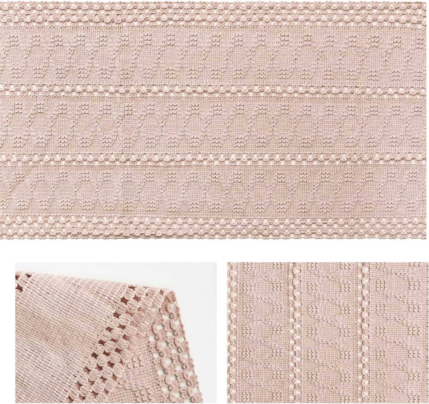 Artoid Mode Pink Farmhouse Woven Rustic Hollow Table Runner, Seasonal Holiday Hollow Kitchen Dining Table Decoration for Home Party Decor 12x108 Inch