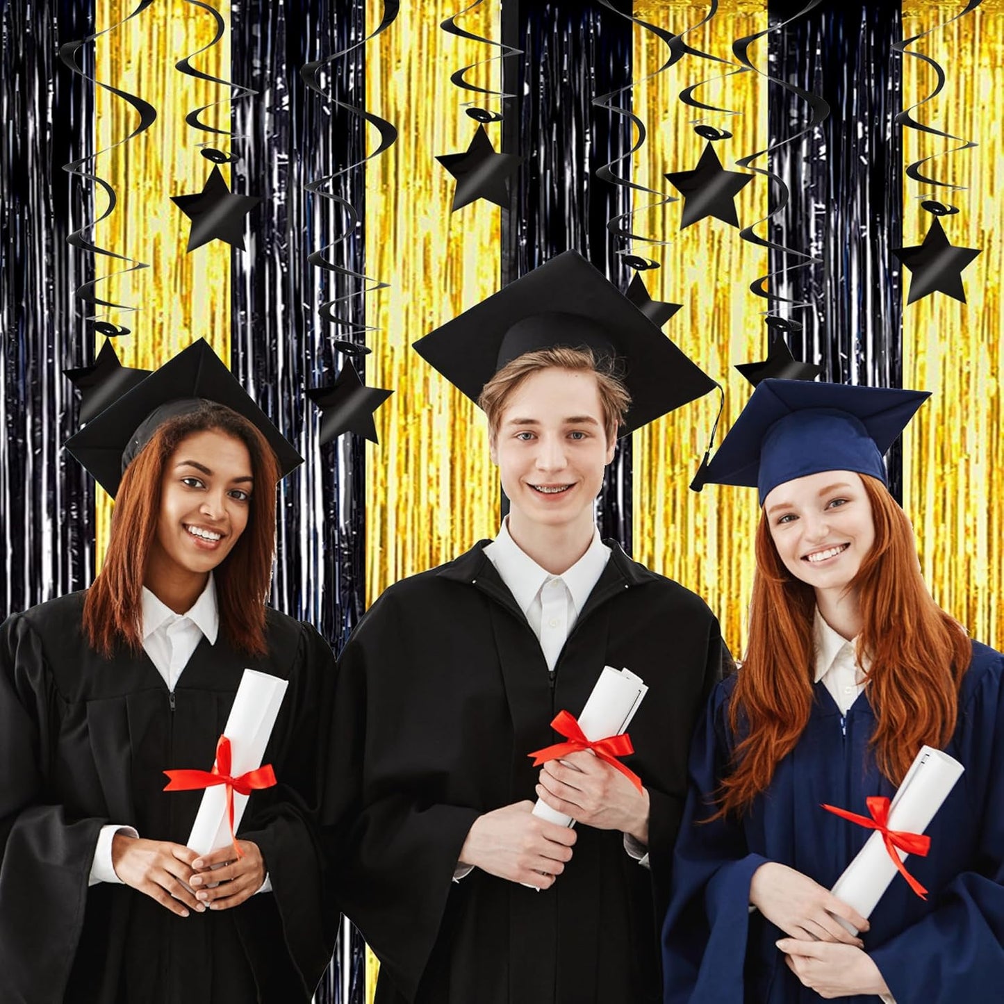 BEISHIDA Black Stars Hanging Swirls Bachelorette Graduation Hanging Ornament Decorations for Birthday Party Supplies Congrats Grade 2025 Graduation Decorations,Pack of 15