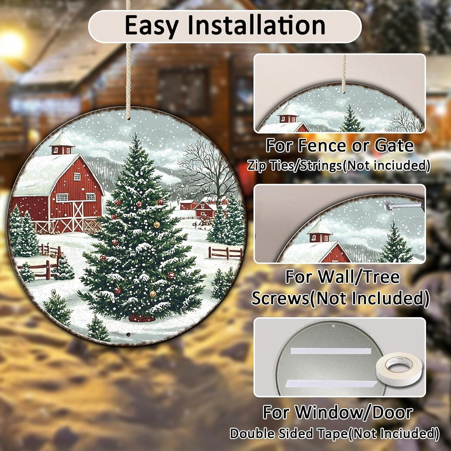 Round Christmas Trees Barn Metal Tin Sign Christmas Vintage Tin Sign for Kitchen Cafe Bar Farmhouse Home Wall Decor Art Winter Decoration 8 * 8 in