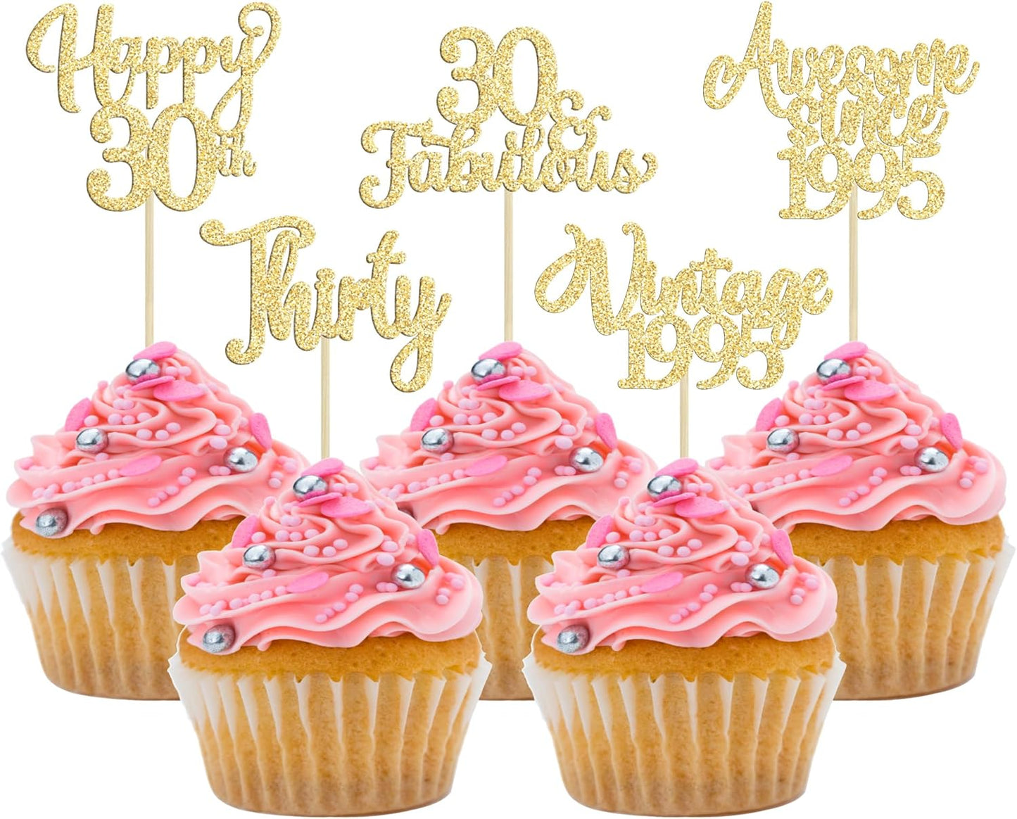 30Pcs Vintage 1995 Cupcake Toppers Glitter Thirty Happy 30th Birthday 30 Fabulous Cupcake Picks Cheers to 30 Years for 30th Birthday Wedding Anniversary Party Cake Decorations Supplies Gold