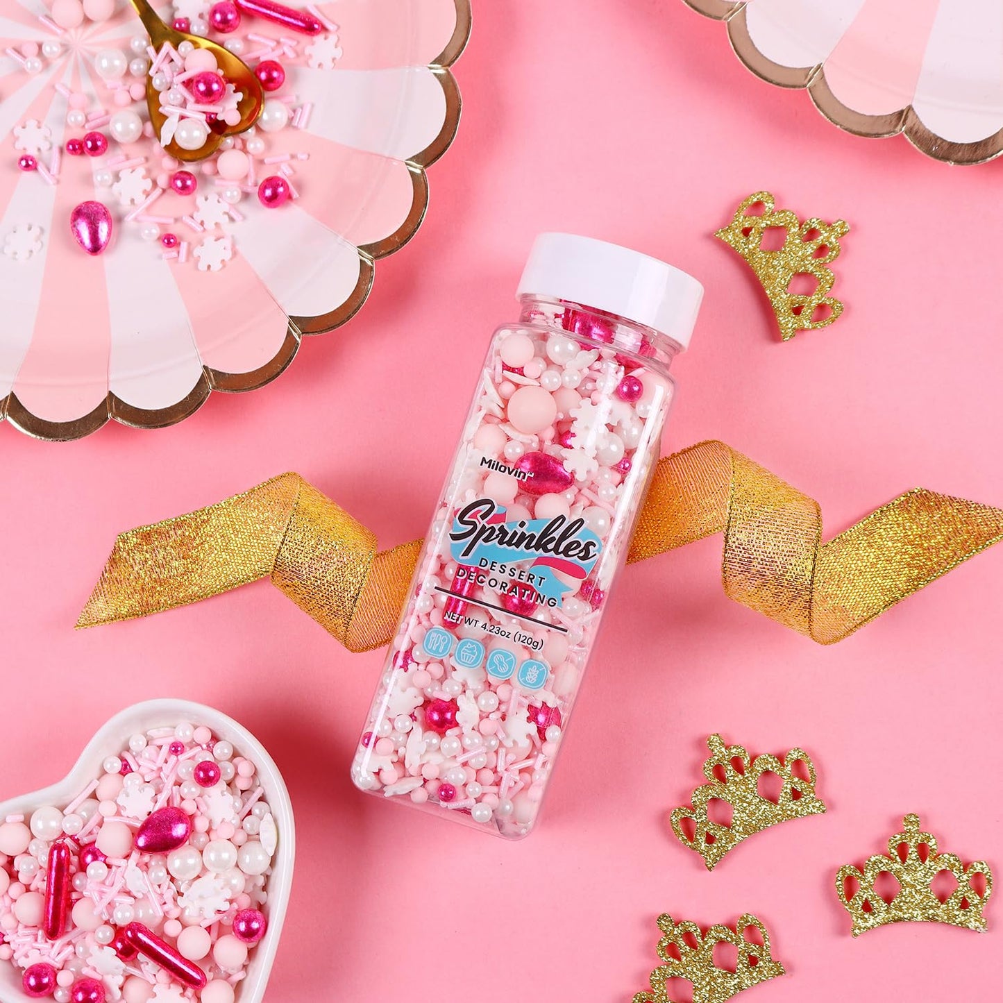 Pink Sprinkles for Cake Decorating, Pink Pearl Sprinkles, Metallic Sprinkle Mix for Cupcakes, Macaron, Ice Cream, and Cookies(120g/4.23oz)