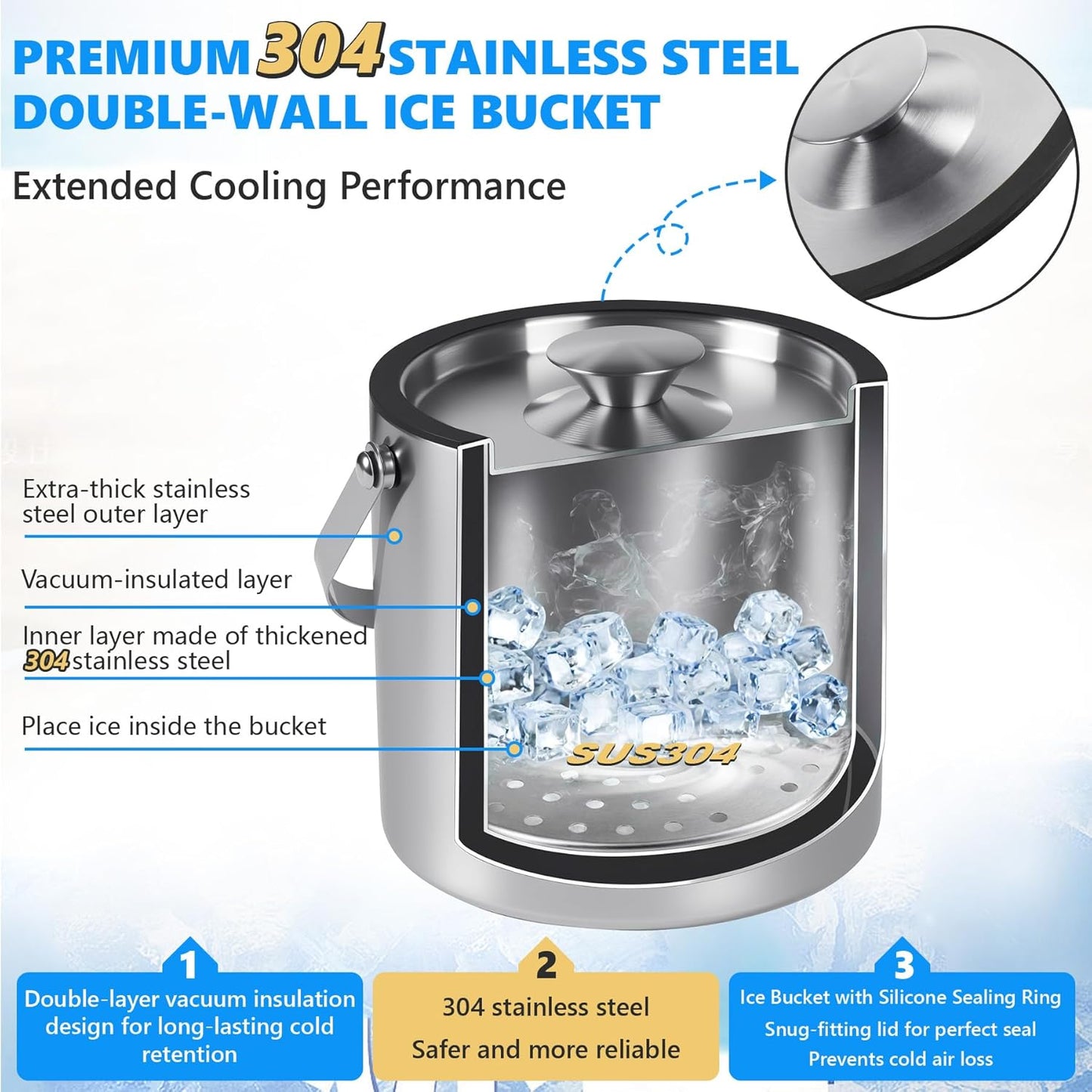 Ice Bucket, Ice Bucket with Silicone Sealing Ring Double-Wall Vacuum Insulation Champagne Buckets with Filter Layer Ice Tongs Ice Scoop (Silver, 3 L)