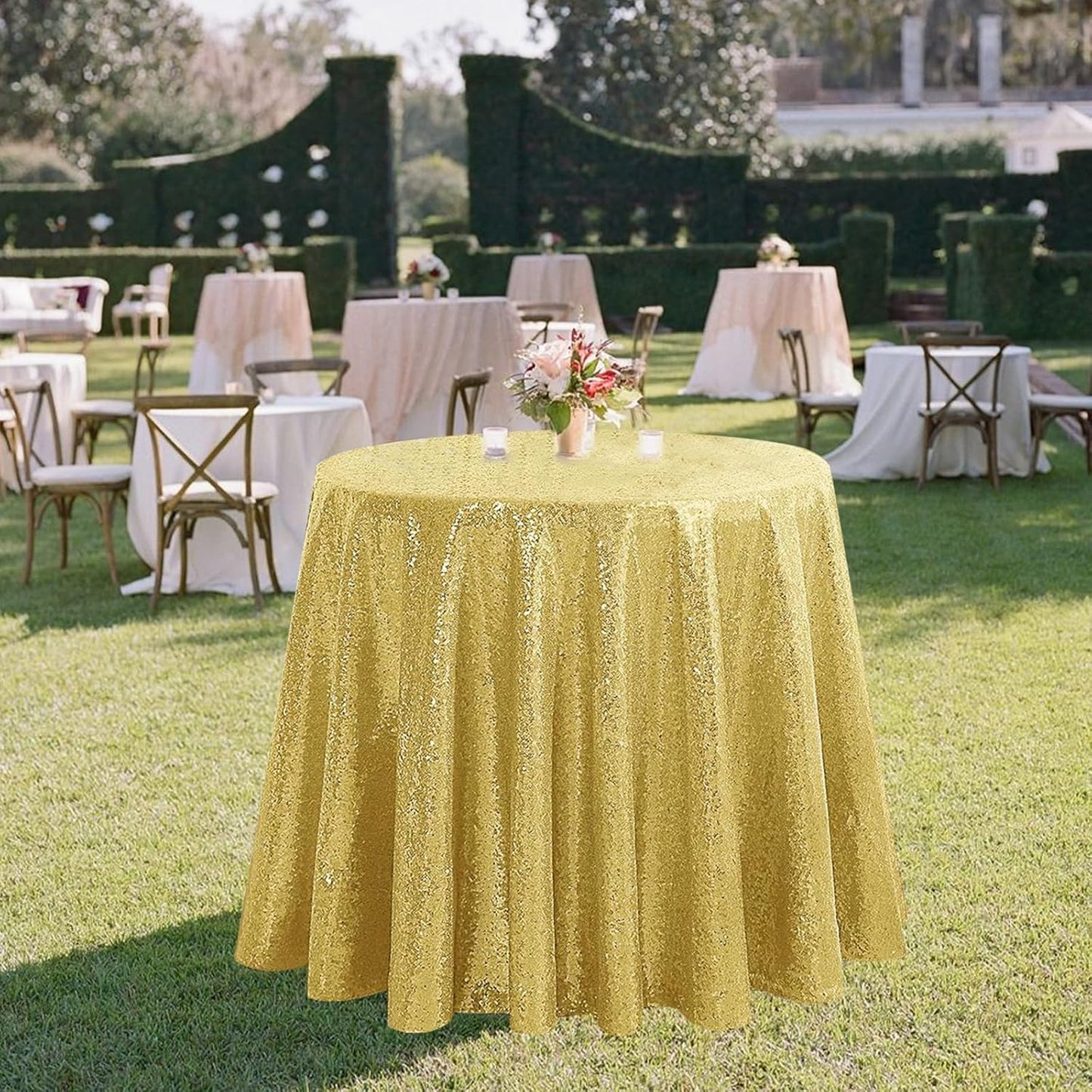OQSQ Gold 50" Round Sequin Tablecloth, Glitter Tablecloth for Bridal Shower Decorations, Birthday, Wedding, Dessert, Banquet.