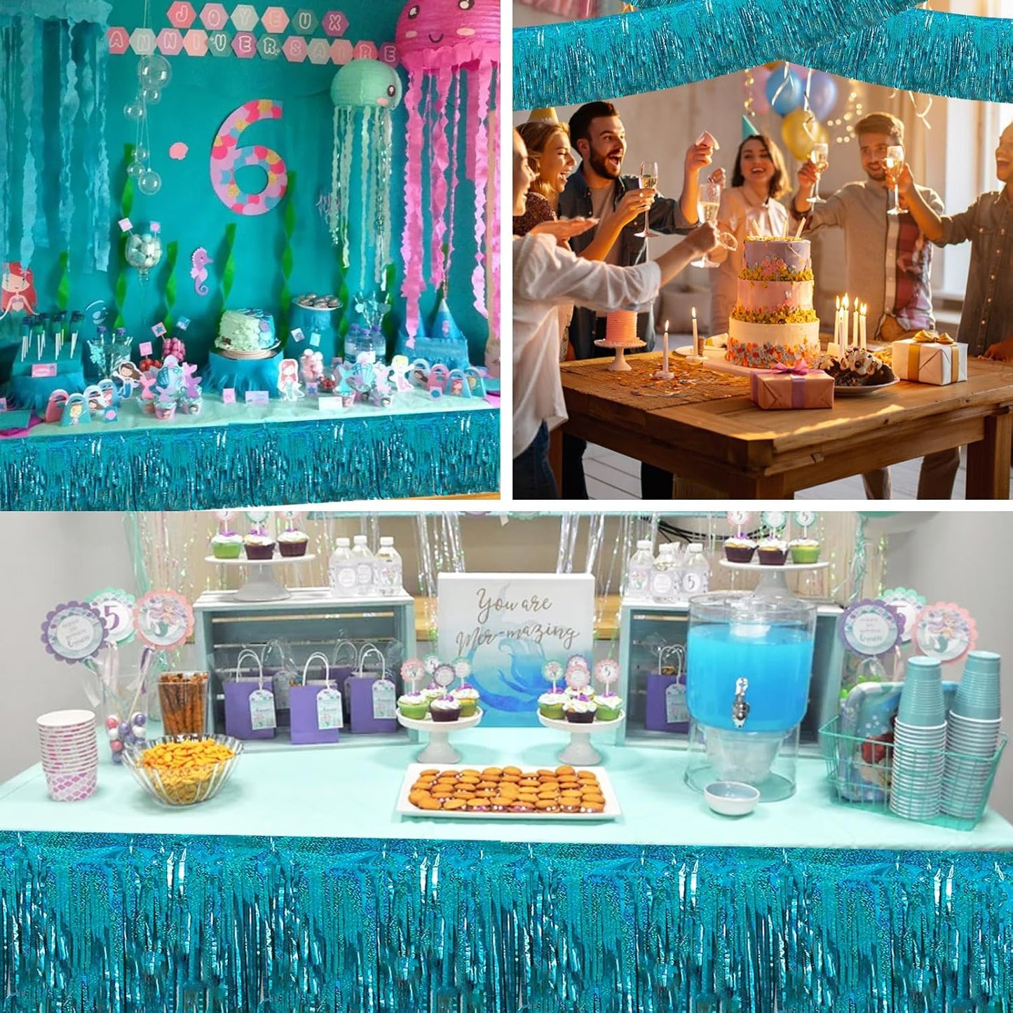 BEISHIDA 3 Packs Metallic Foil Fringe Garland Laser Lake Blue Wall Hanging Tinsel Fringe Banners for Car Floats Bridal Shower Wedding Birthday Easter Graduation Holiday Party Decoration(30 Feet)