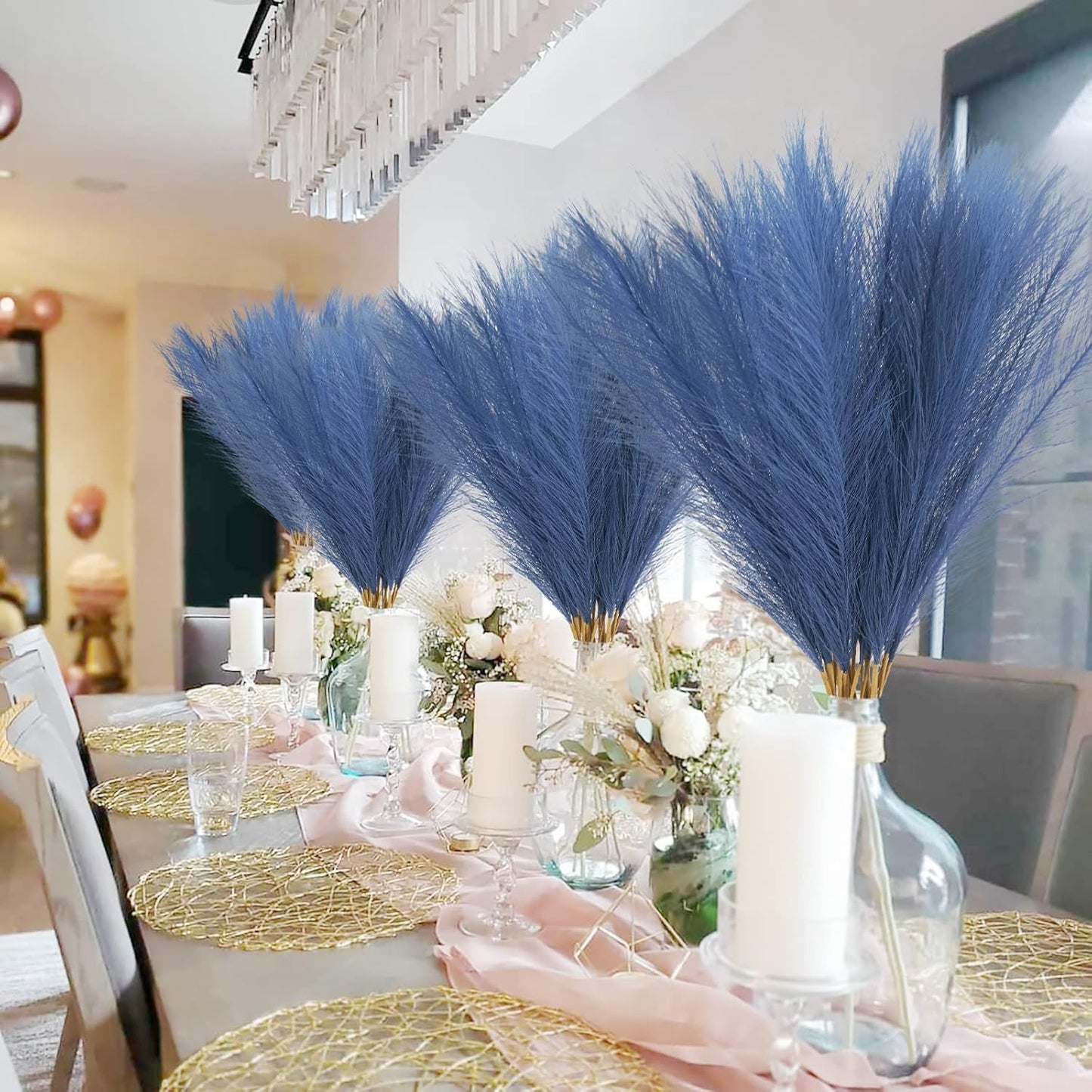 50pcs Faux Pampas Grass, 21.6" Short Artificial Pompous Grass Floral Fake Pompas Grass Branches Vase Filler Flower Arrangement for Home Wedding Boho Decor, Blue