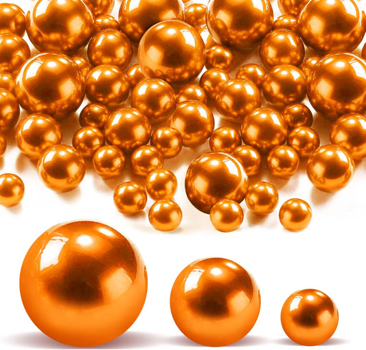 180PCS Orange Beads for Centerpieces Vases, No Hole Polished Pearl Makeup Beads Mixed 8/14/20mm Sizes, Pearl Vase Fillers Table Scatters for Party Wedding Decor