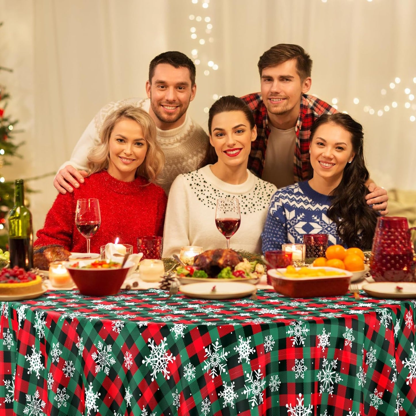 Jectivs 3Pcs Christmas Buffalo Plaid Snowflake Party Tablecloths Decorations,Plastic Red and Green Checkered Round Table Cover for Winter Christmas New Year Birthday Holiday Party Decorations,84 inch