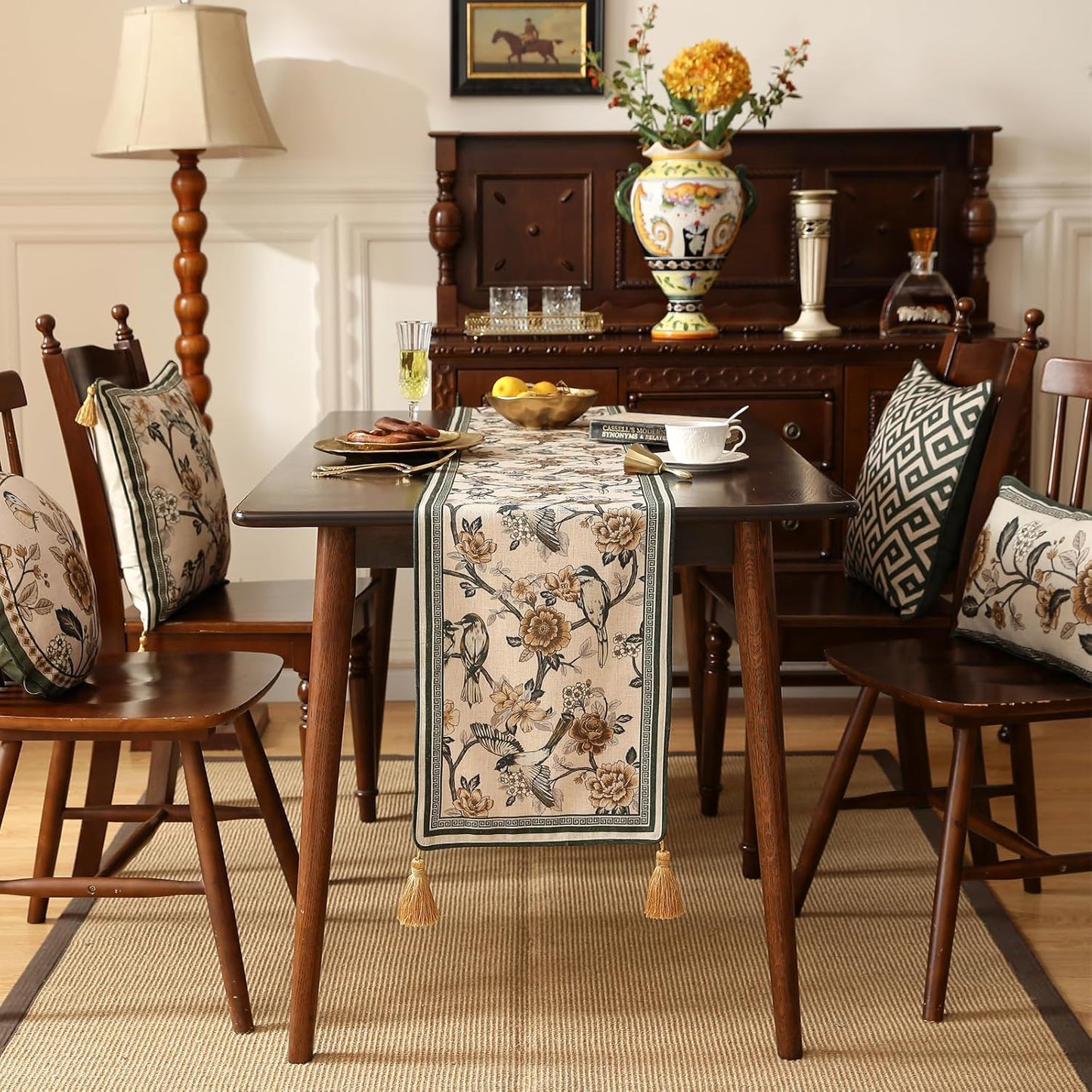 ISAENNE Designer Vintage Beige Linen Table Runner 102 Inches Long,Elegant Floral and Bird Pattern Decor Table Runners for Dining Tables,Thanksgiving,Christmas,Banquet,Party,12"*102"-Murad A