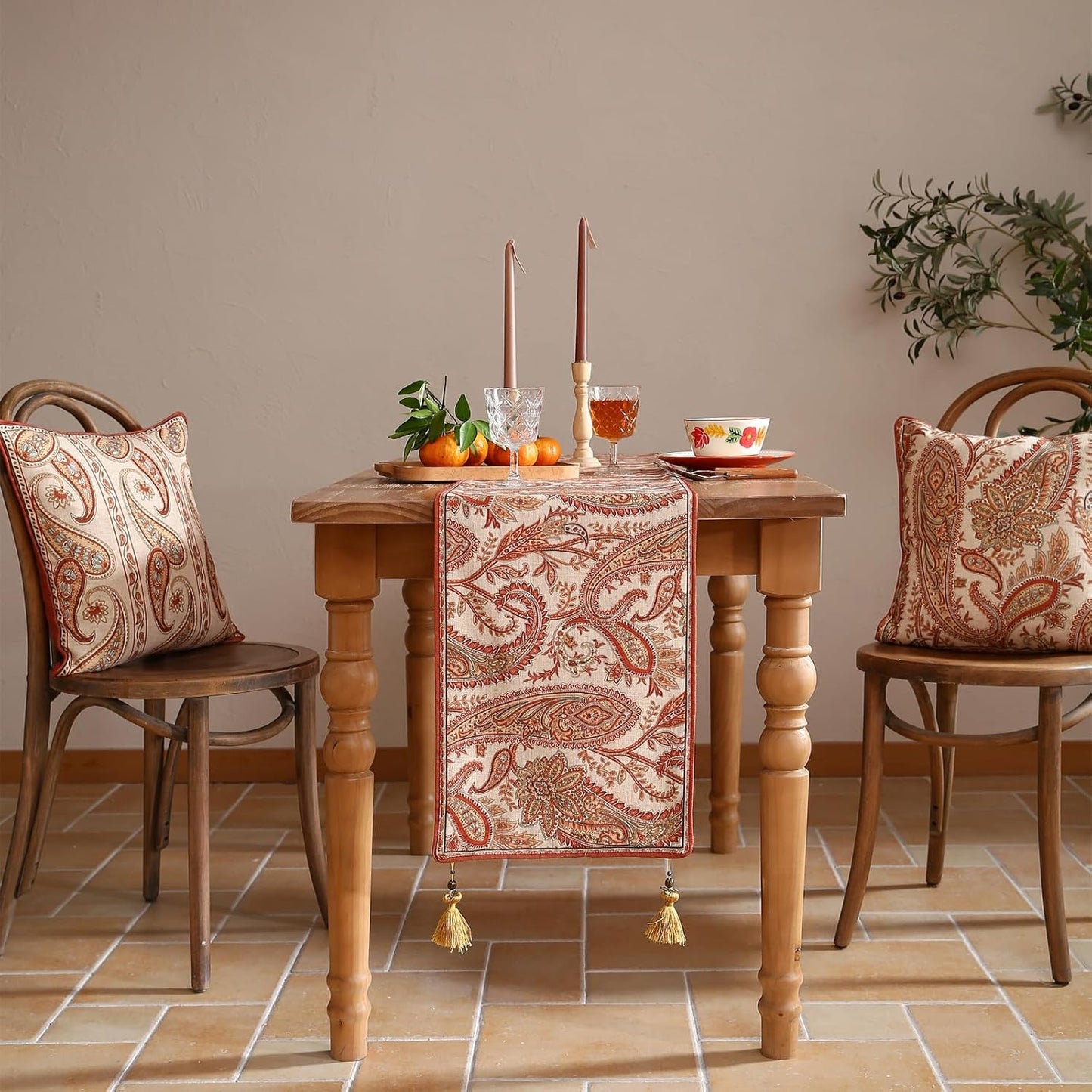 ISAENNE Designer Elegant Red Linen Table Runner 102 Inches Long,Vintage Paisley Pattern Durable Table Runners for Dining Tables,Thanksgiving,Kitchen Tables,Christmas,12"*102"-Chauffrey A