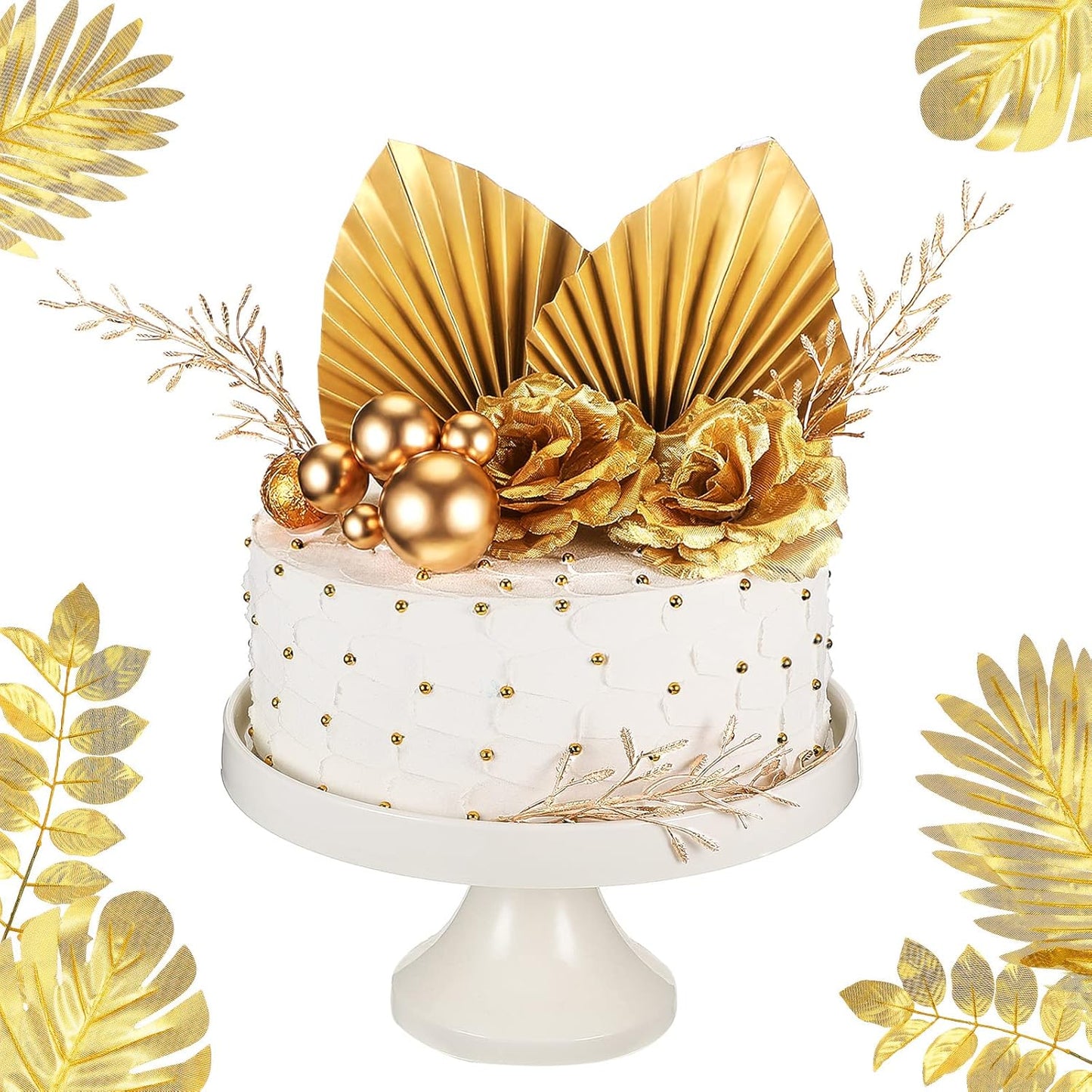 26 Pieces Happy Birthday Cake Topper Gold Cake Decorations Palm Leaves Balls Cupcake Toppers Floral Flower Artificial Leaves for Birthday Wedding(Gold)