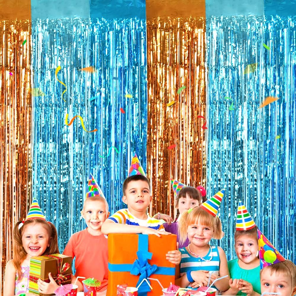 TONIFUL Orange Blue Door Streamers,Blue and Orange Photo Booth Backdrop Metallic Streamers Foil Fringe Curtain for Birthday,New Year,Graduation,Grad,Bachelorette Party Streamers Decoration