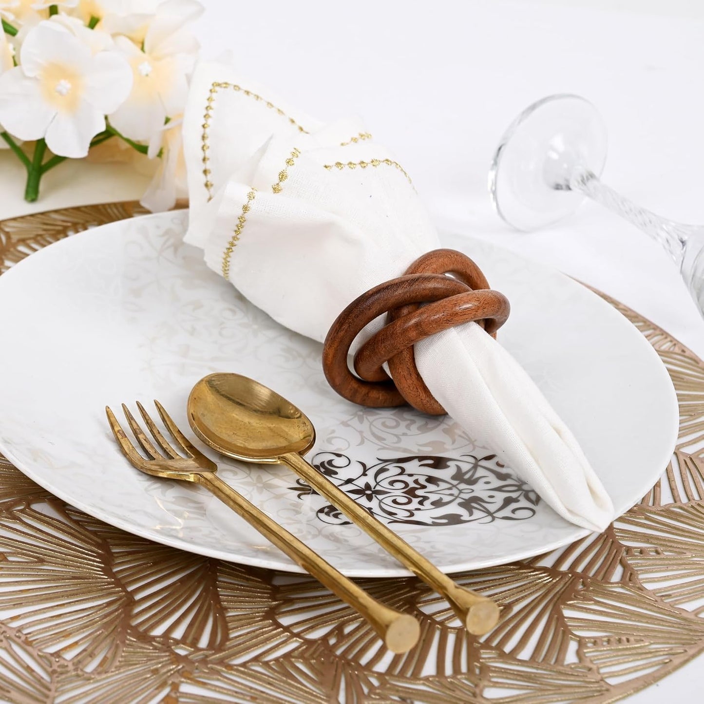 Three Ring Napkin Rings Set of 8, Decorative Handcuff Serviette Ring, Napkin Holders Bulk for Party Decoration, Dinning Table, Everyday, Family Gatherings Tabletop Décor (Brown) - CLEENTABLE