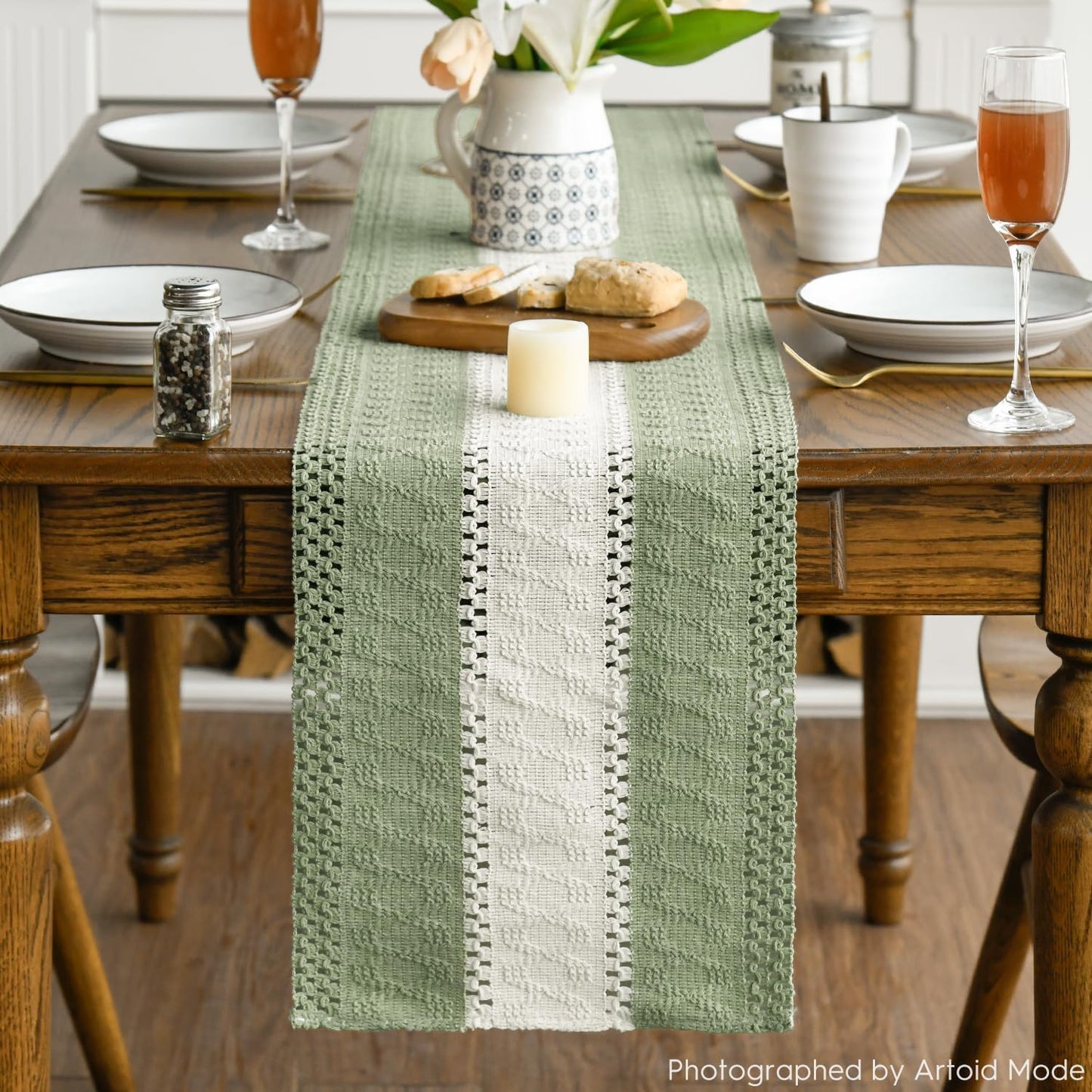 Artoid Mode Light Green Farmhouse Rustic Table Runner, Seasonal Hollow Kitchen Dining Table Decoration for Home Party Decor 12x108 Inch