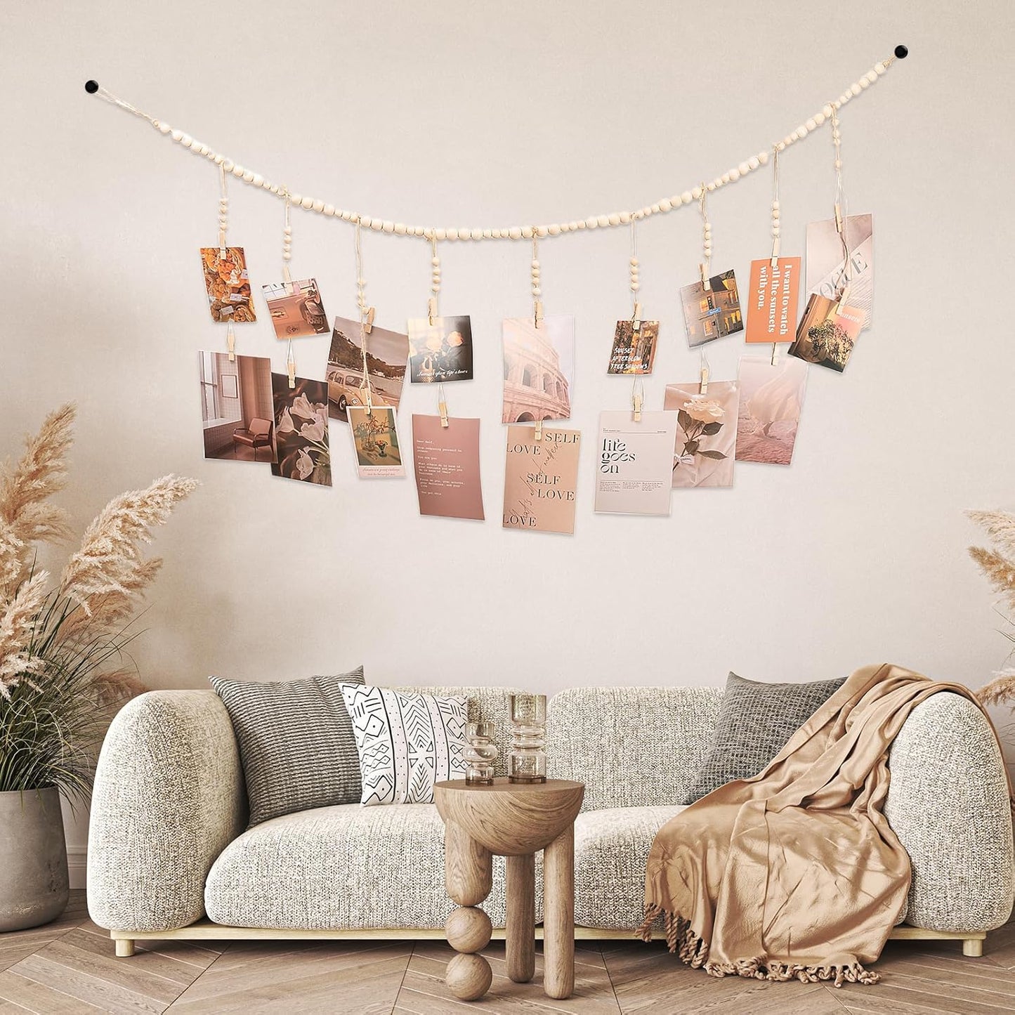 Hanging Photo Display with 18 Wood Clips, Boho Wooden Bead Wall Décor for Bedroom, Living Room, Dorm, Kids Art Picture Display