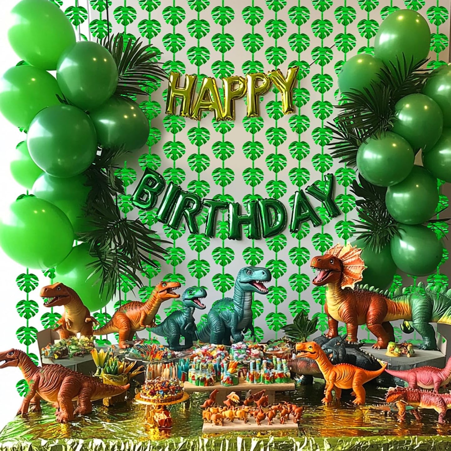 2 Packs Jungle Leaf Foil Fringe Curtain, Green Glitter Tropical Palm Leaves Metallic Tinsel Backdrop for Safari Birthday, Baby Shower, Hawaiian Aloha Luau Party Decorations Supplies