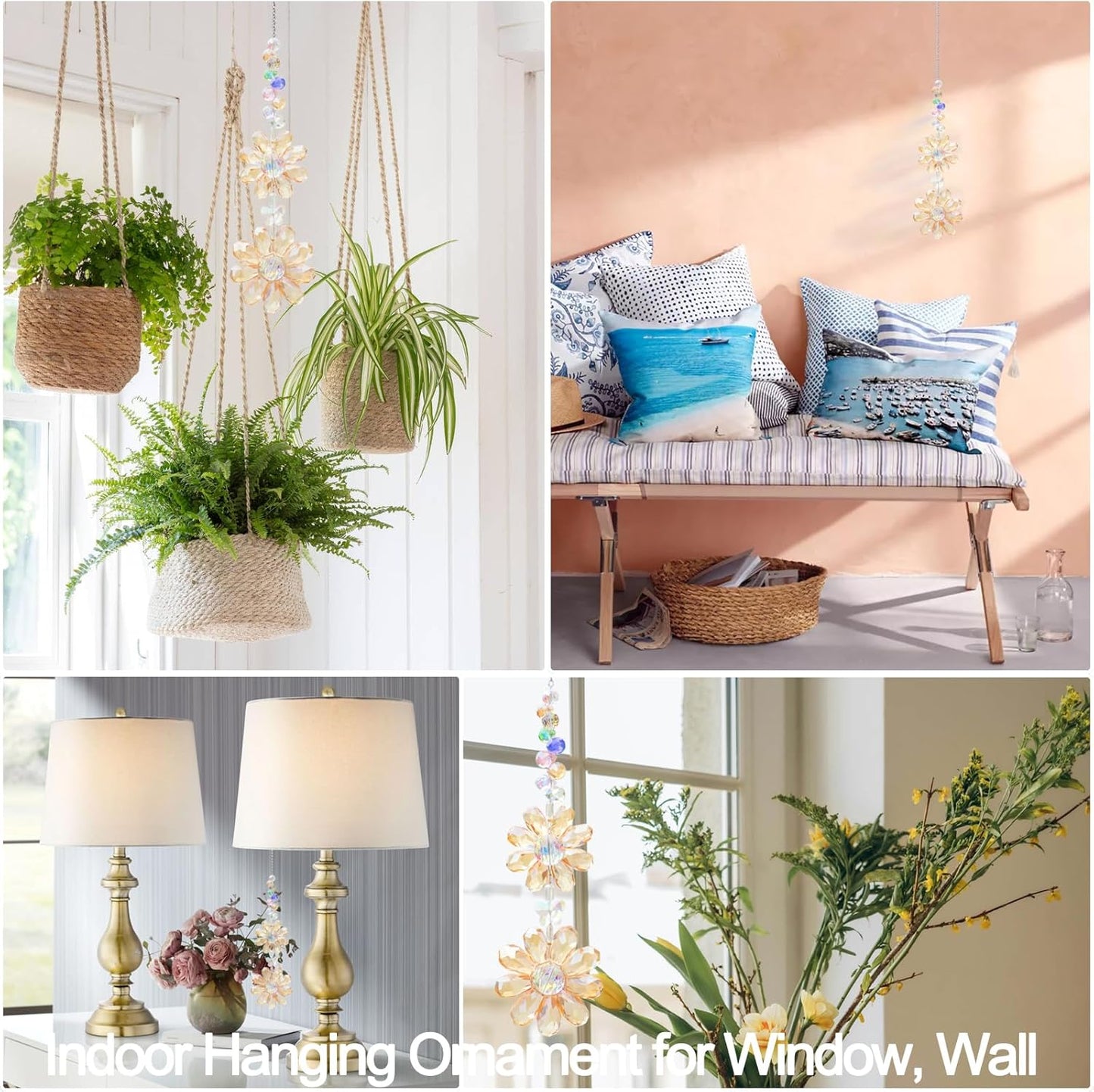 Crystal Flower Suncatcher Hanging Ornament, Rainbow Maker Window Sun Catcher Indoor Outdoor Patio Garden Decor (Gold)