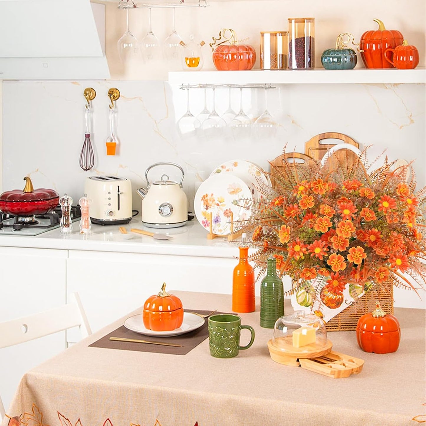 16 Pcs Fake Fall Flowers Outdoor Fall Artificial Flower Arrangements Faux Fall Outdoor Plants Decorations for Home Porch Pathway Window Box Mantel Harvest Thanksgiving