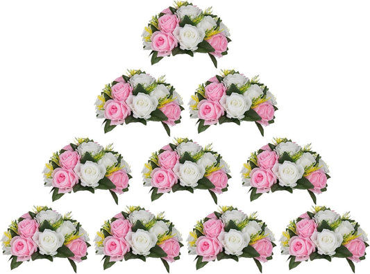 BLOSMON Flower Balls Rose Centerpieces: 10 Pcs Pink White Fake Flowers Kissing Balls Decor Artificial Wedding Floral Arrangements Silk Flower Bouquet with Base Home Party Room Table DIY Decorations