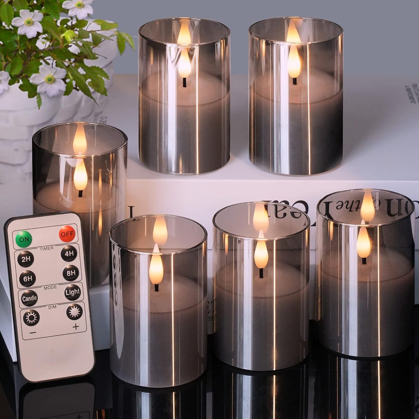 6Pack Glass Flickering Flameless Candles with Remote, 2"X3" Real Wax Votive Candles Battery Operated, Small Electric LED Candles for Wedding Home Decor, w/4 Timers+2 Lighting Modes [Gray]