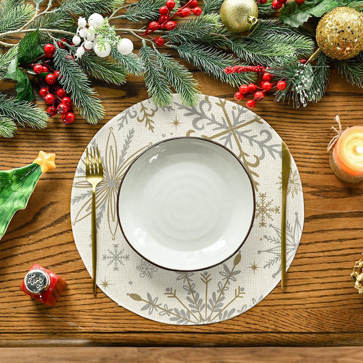 Artoid Mode Beige Snowflake Let It Snow Winter Placemats Set of 6, 14 Inch Seasonal Christmas Xmas Round Table Mats for Dining Decoration