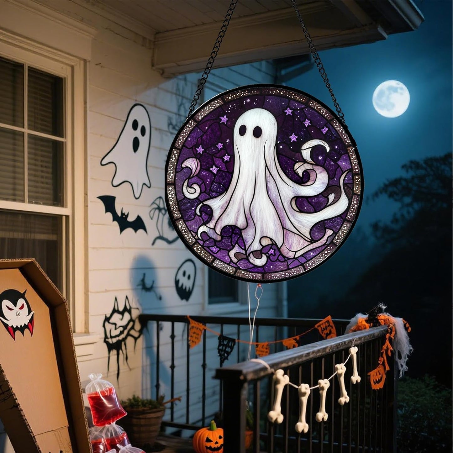 Stained Glass Window Hanging - Halloween Decorations White Ghost Purple Stars Suncatcher for Doors Garden Spooky Funny Sun Catchers Gothic Decor Horror Gifts for Women Men Friend 11.8 in