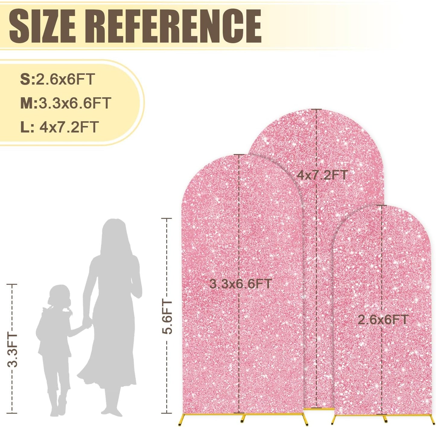 MODFUNS Metal Arch Backdrop Stand and Cover Set 6&6.6&7.2ft Pink Gold Sequins Arch Backdrop Covers Set of 3 Arched Stands Chiara Arches Cover for Party Banquet Wedding Ceremony Decor