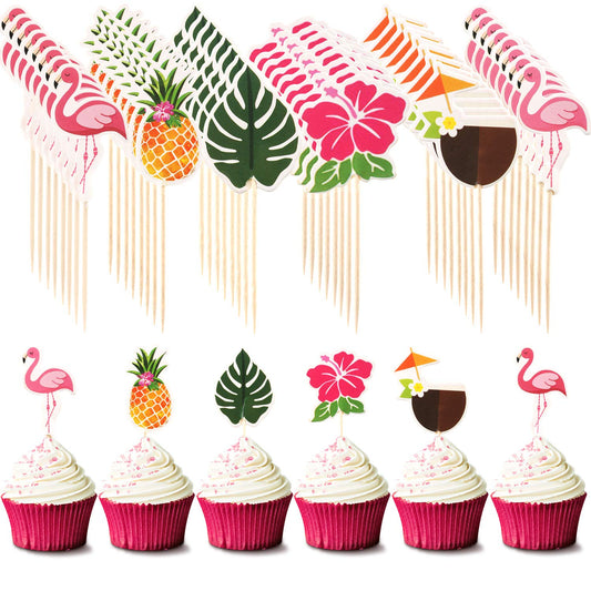 Luau Cupcake Toppers Tropical Cake Decorations Hawaiian Toothpicks Sticks with Flamingo Pineapple Palm Leaves Shape Picks for Summer Beach Theme Party Favors Supplies, 6 Styles (72)