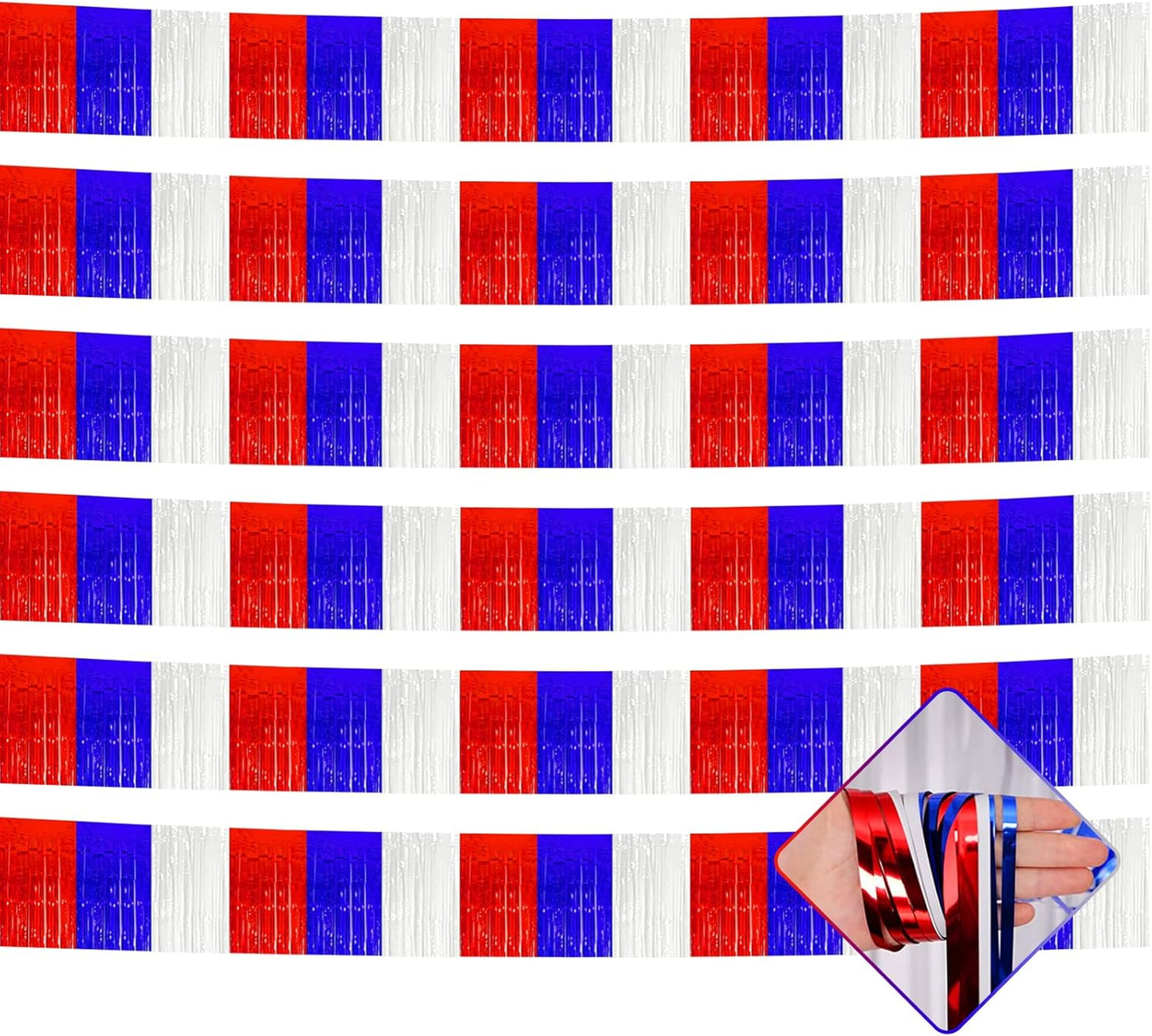 10 Pack 10 Feet Foil Fringe Garland Metallic Tinsel Streamers Banner Wall Hanging Backdrop for Parade Floats, Bachelorette, Wedding, Birthday, Independence Day Party Decorations(Red Blue White)