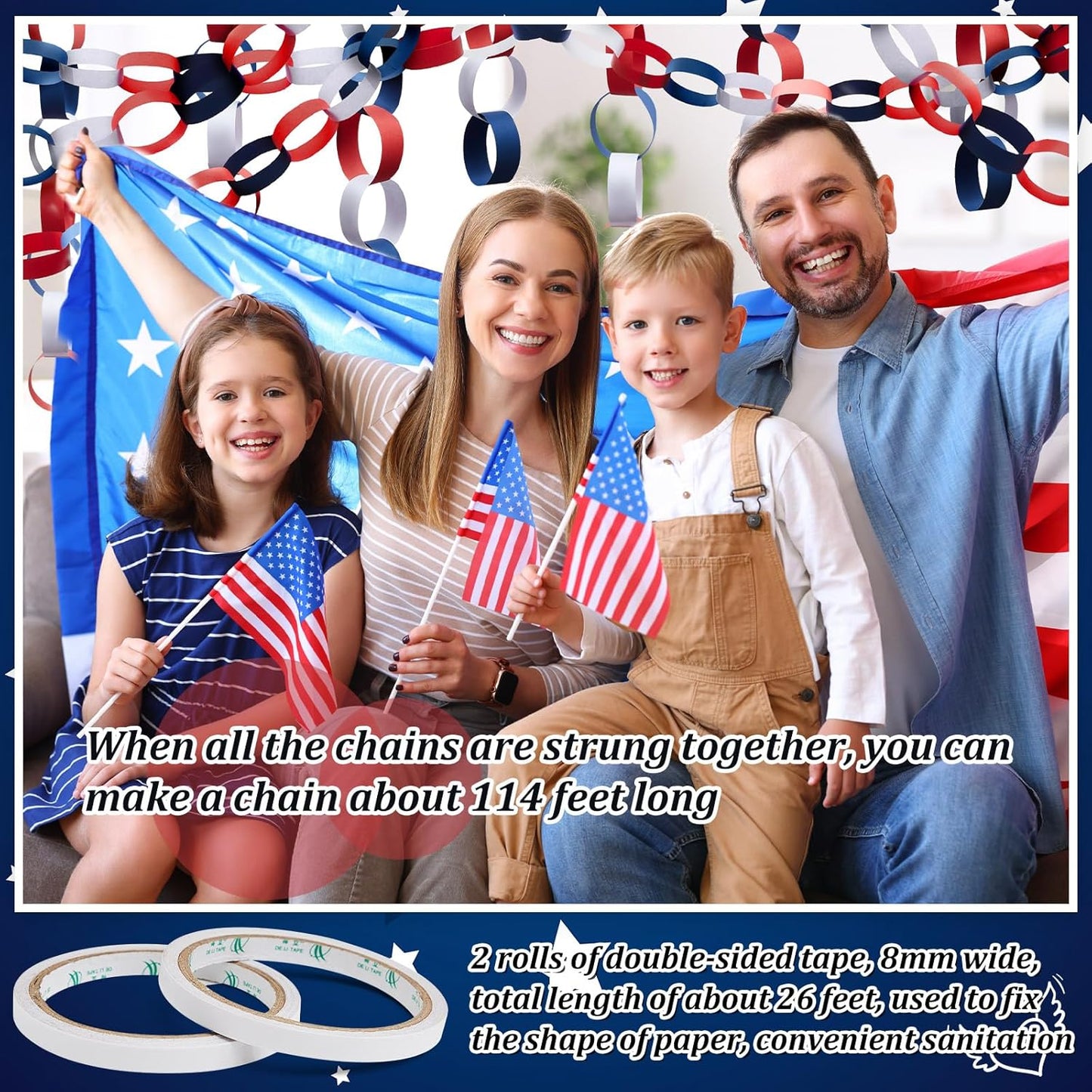 Lincia 600 Sheet Halloween Paper Chain Garland, Construction DIY Crafts Chain Strip for Fall Thanksgiving Party Decor, 1x8 Inch with Double Sided Tape (Independence Day)