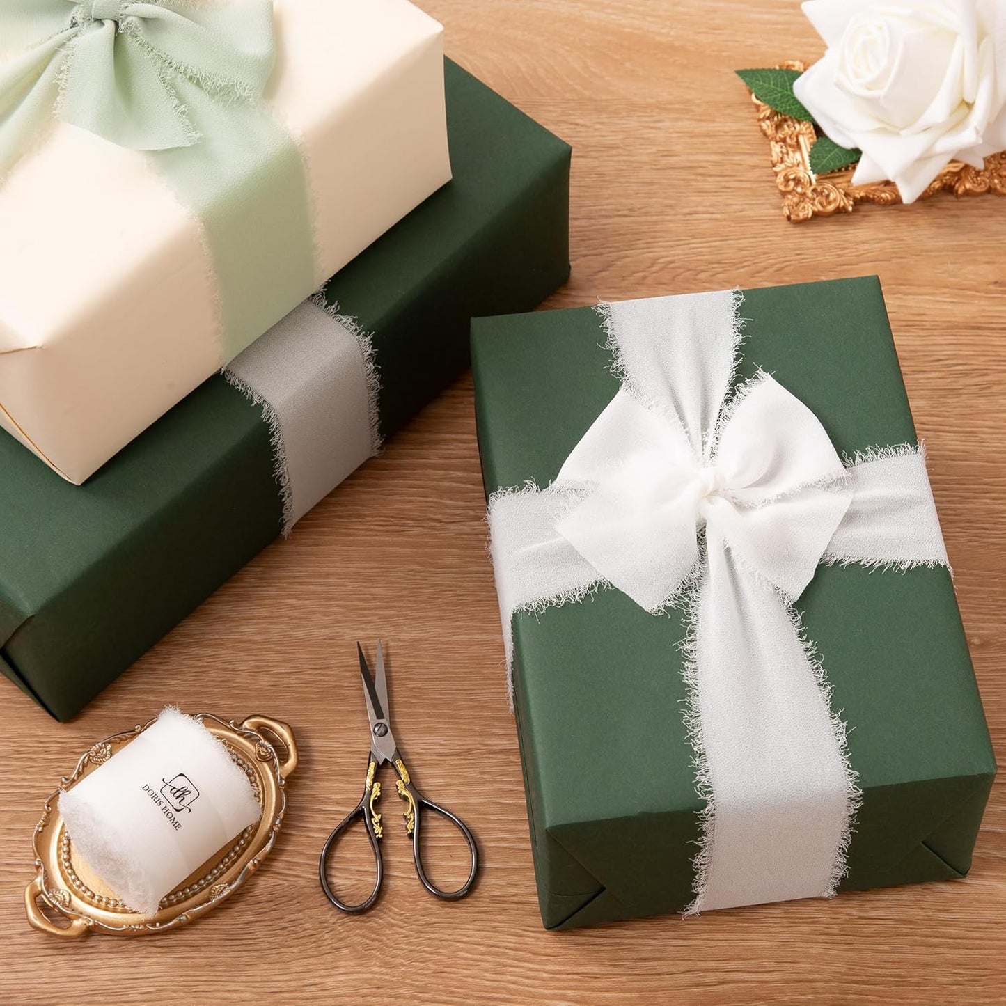 DORIS HOME Ivory Chiffon Ribbon for Flower Bouquet, 2" x21Yd Fabric Ribbon for Gift Wrapping, Handmade Frayed Ribbon for Wedding/Christmas Decorations