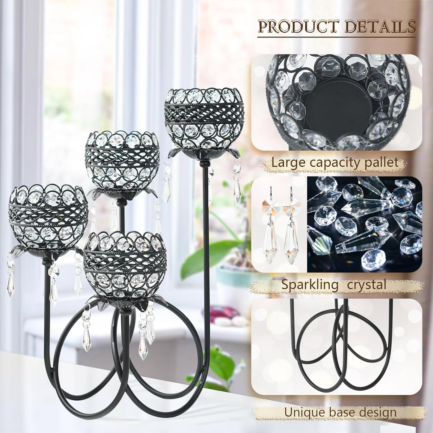 4 Arms Crystal Candelabra Tealight Holder - Tall 15.7 Inch Elegant Centerpiece with Crystal Pendant Bowls & Artistic Metal Stand for Wedding, Dining Table, Home Decor (2, Black)