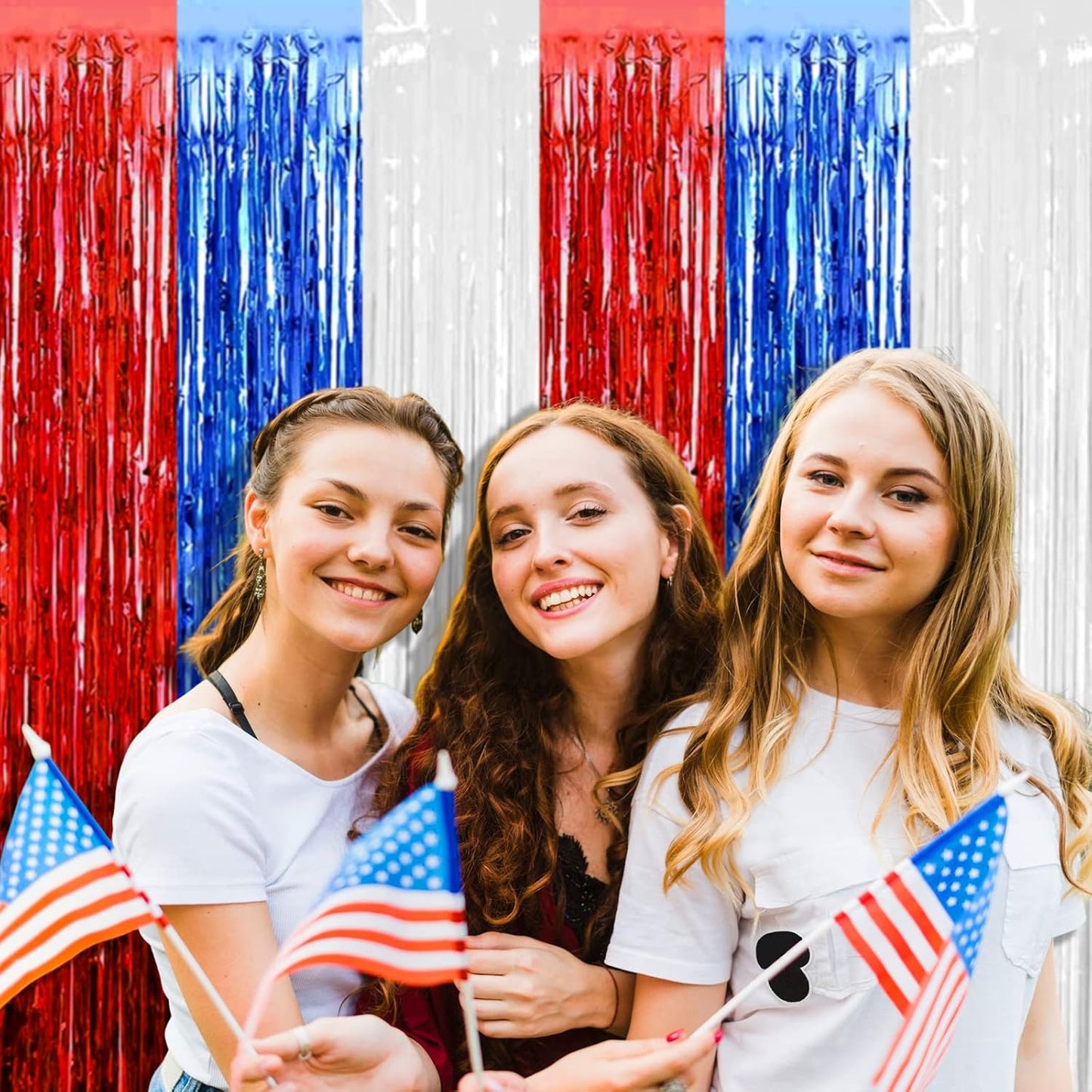 4 Pack Red Blue White Foil Fringe Curtain Backdrop, 3.28Ft x 9.8Ft Metallic Tinsel Foil Fringe Streamers Curtains for Photo Booth, Wedding, Mardi Gras, Birthday, Independence Day Party Decoration