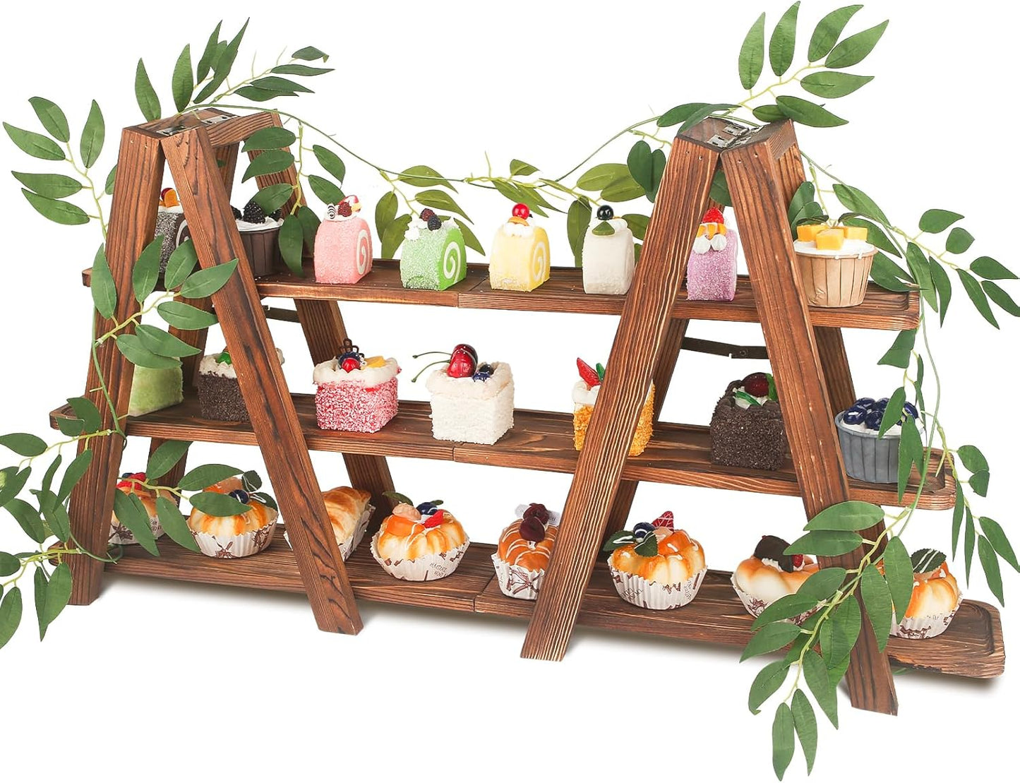 Wooden 3-Tier Cupcake Stand with Removable Trays & Vine Decoration – Foldable Party Display Serving Ladder with Platter for Cake, Snacks, Fruits, Chips, Bread