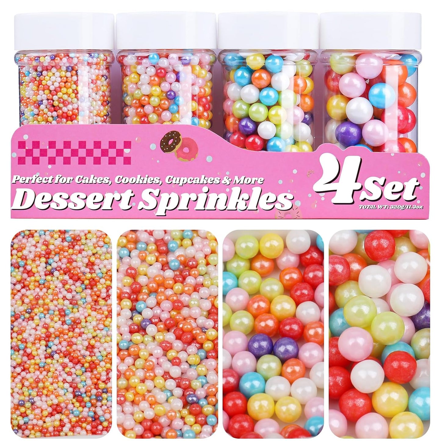 Colored Pearl Sprinkles for Cake Decorating, 11.3 Oz Edible Pearls Sugar Gift Box Set for Baking Cookie Ice Cream Cupcake Toppings