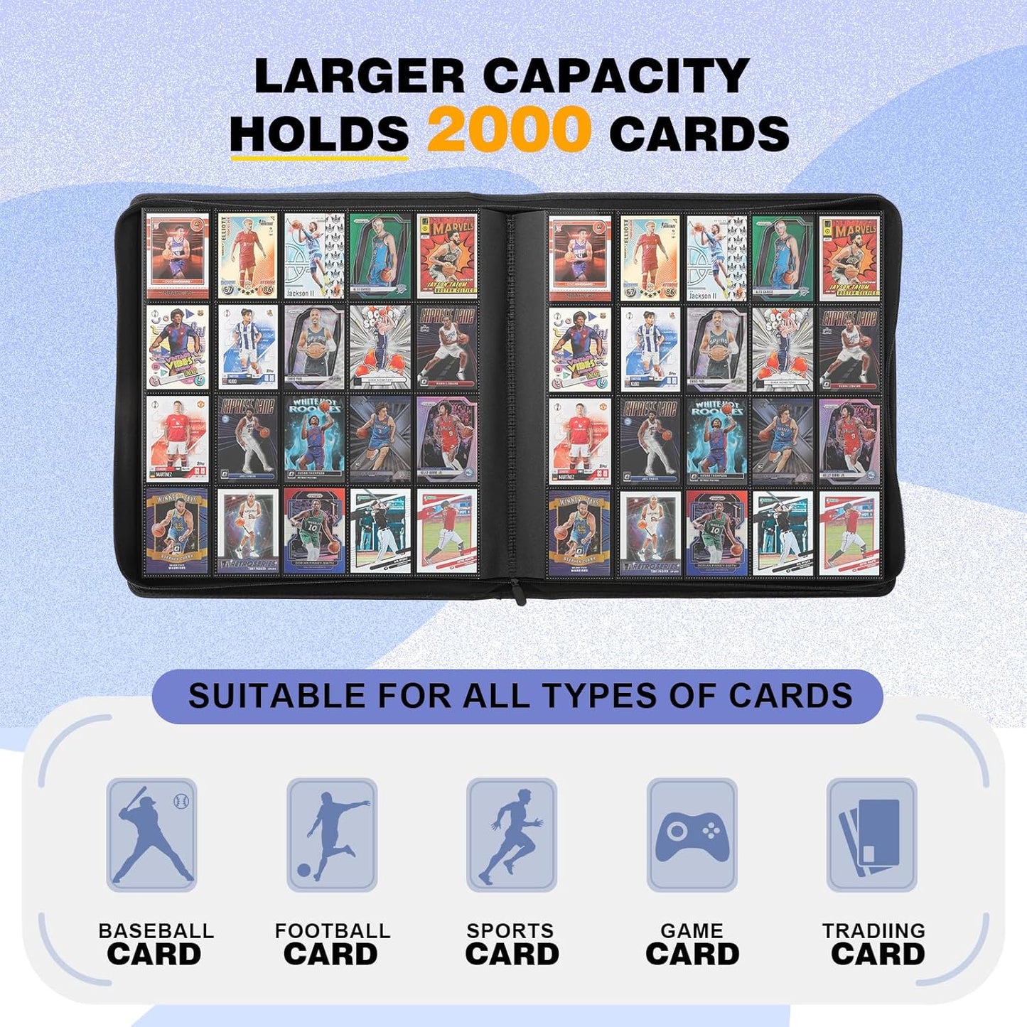 20-Pocket Card Binder, Trading Card Binder Holds 2000 Cards, Premium Zippered Trading Card Album Compatible with TCG, Game & Sports Cards (Sky Blue)