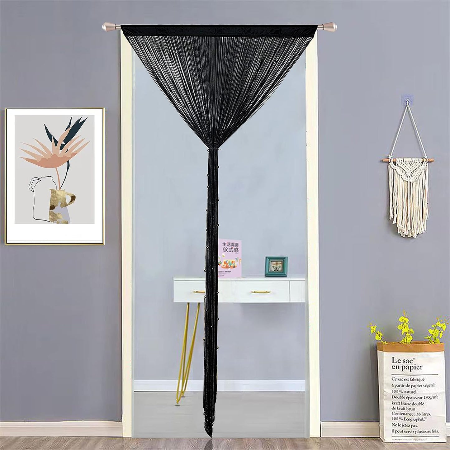 Beaded Curtain Beads Door String Curtains Ideal for Living Room Decor Wall Hanging Fringe Doorway Divider Bedroom Backdrop Hippie Window Closet Privacy Rod Pocket Dense (100x200cm,Black)