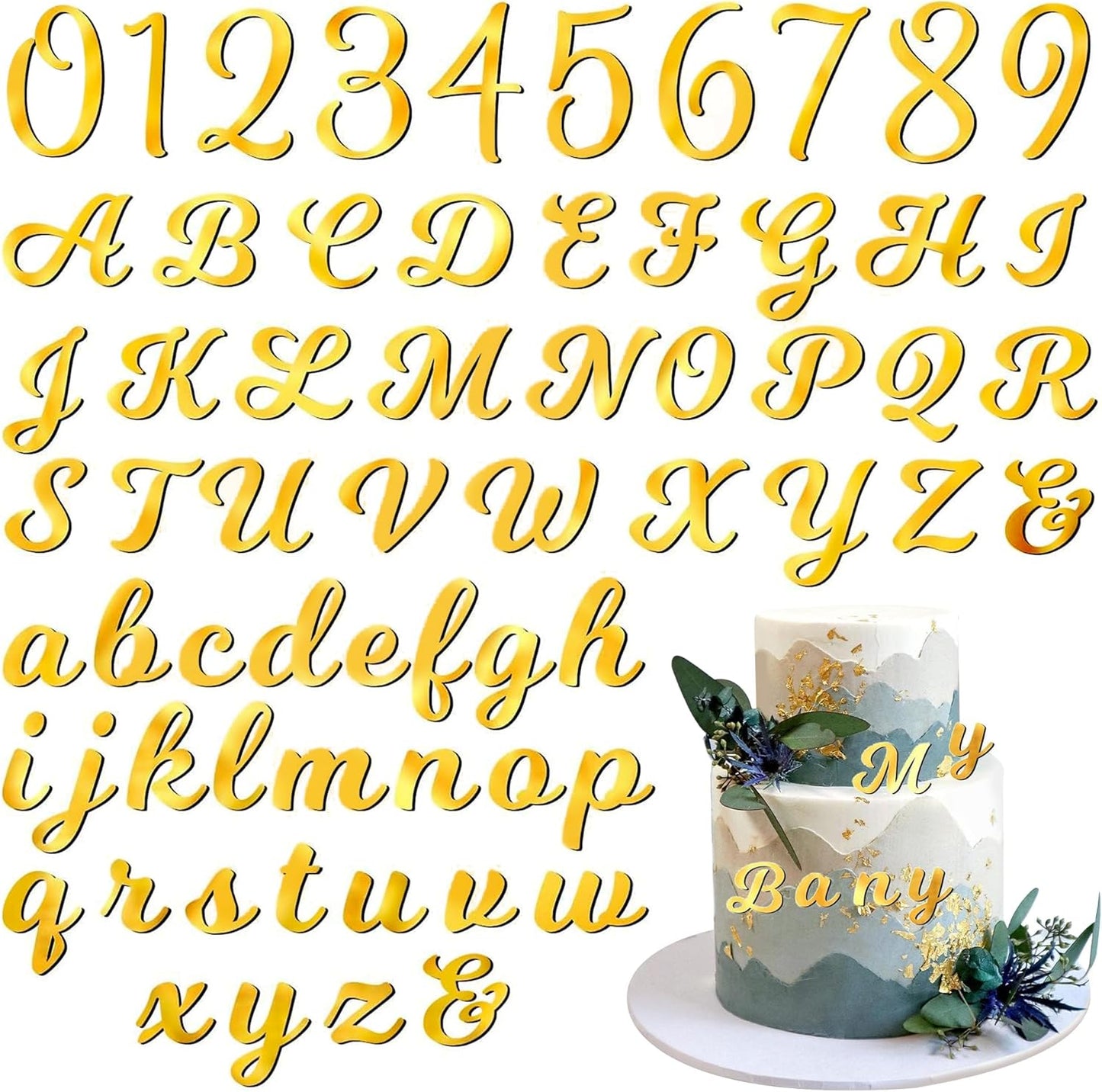 126pcs Acrylic Alphanumeric Cake Decoration, Mirror Number 0-9 and Alphabet A-Z Personalized Cake Picks Shiny Personalized Cake Topper for Birthday Cake Toppers Wedding Baby Shower(GoldSilver)