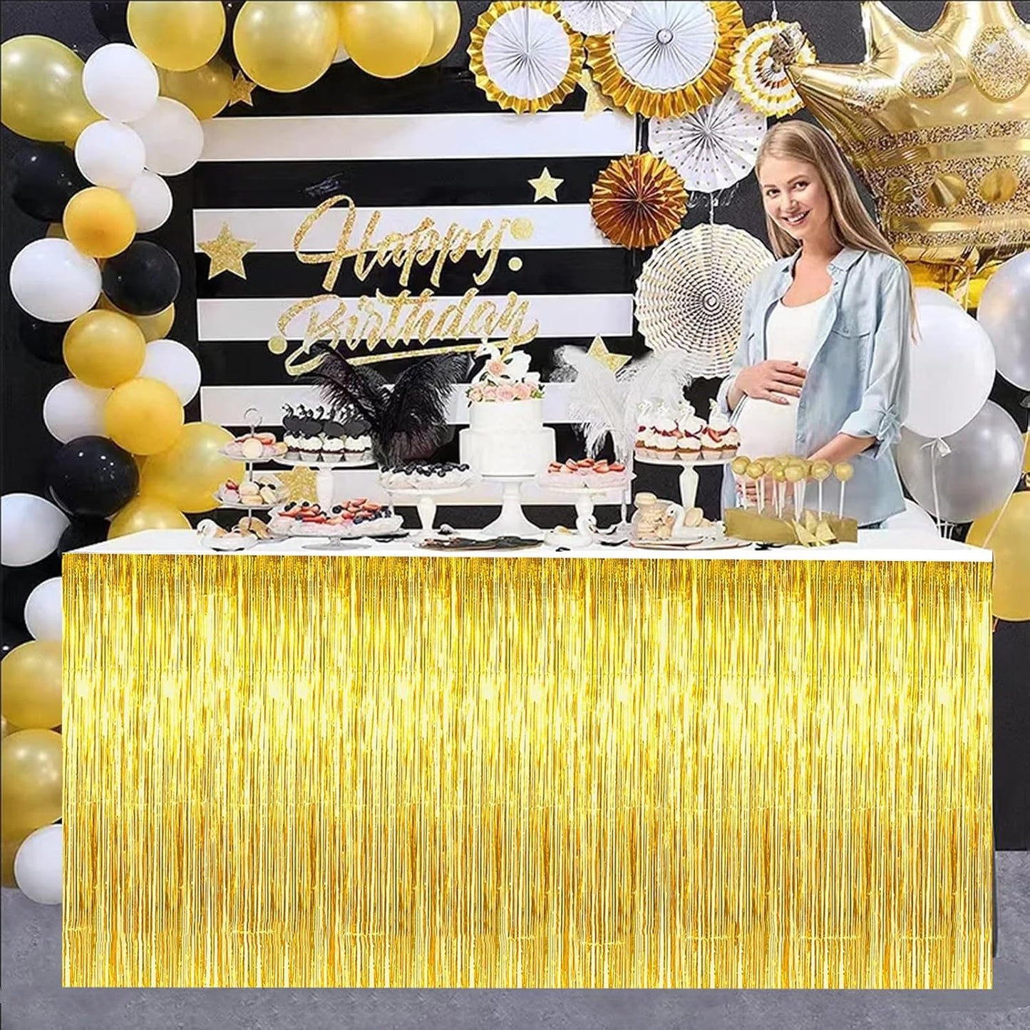 BEISHIDA 2 Pack Gold Metallic Tinsel Foil Fringe Table Skirts - Decors for Rectangle & Round Tables - Birthday & Holiday Party