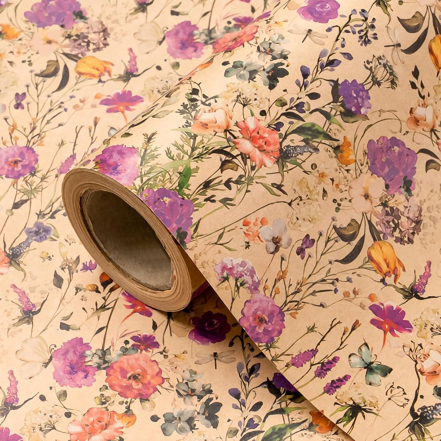 WRAPAHOLIC Kraft Floral Wrapping Paper Roll - Mini Roll - 17 Inch x 16.5 Feet - Garden Wildflower Wrapping Paper Perfect for Girls Women Birthday, Wedding, Bridal Shower