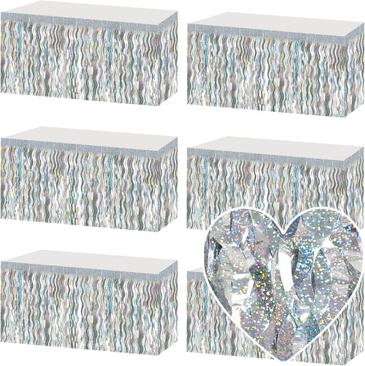 6 Pack 29x108 Inch Silver Wave Foil Fringe Table Skirts Metallic Banner for Tinsel Streamer Garland Backdrop for Parade Floats Mother's, Graduate, Mardi Gras, Birthday, Wedding Party Decorations