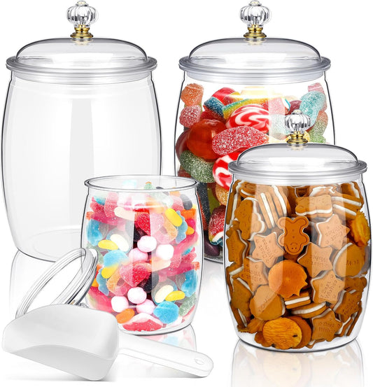 Nuogo 4 Pcs Plastic Candy and Cookie Jars with Lids Clear Cookie Container Candy Jars Large Airtight Apothecary Storage Organization for Wedding Home Kitchen Bar(42/64/90 oz)