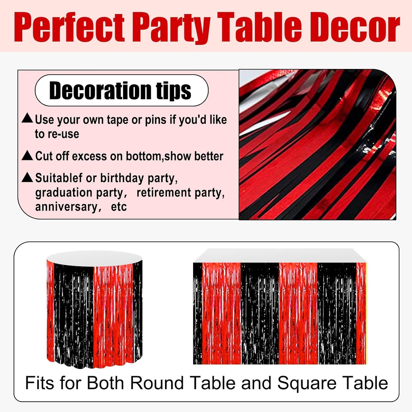 3 Pack 29x108 Inch Black Red Foil Fringe Table Skirts Metallic Banner for Tinsel Streamer Garland Backdrop for Parade Floats Wedding Thanksgiving Birthday Christmas Halloween Party Decoration