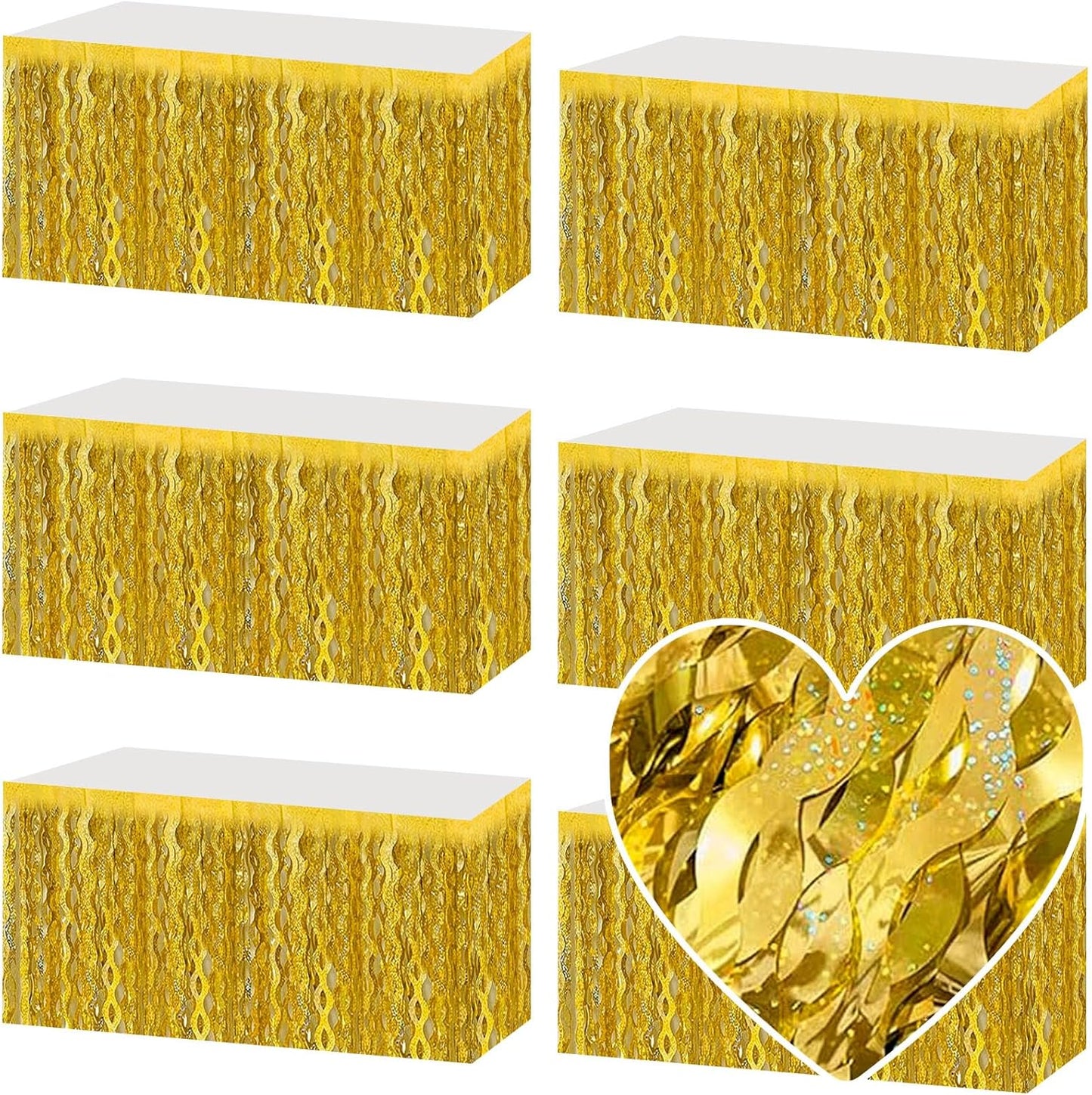 6 Pack 29x108 Inch Gold Wave Foil Fringe Table Skirts Metallic Banner for Tinsel Streamer Garland Backdrop for Parade Floats Mother's, Graduate, Mardi Gras, Birthday, Wedding Party Decorations