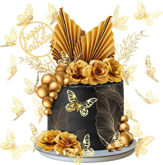 Shimeyao 52 Pcs Wedding Birthday Gold Cake Decoration Boho Cake Topper Pink Purple Flower Butterfly Palm Leaves Balls Toppers for Women Baby Shower Party Decoration(Gold)