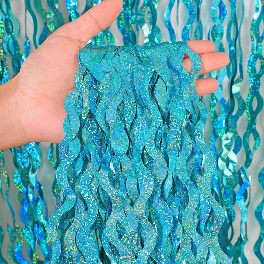 4 Pack Teal Aqua Blue Wavy Foil Fringe Curtains Party Decorations - 3.3 ft x 6.6 ft Sparkle Streamer Tinsel Curtain Party Photo Backdrops for Birthday Party Christmas Graduation Decoration