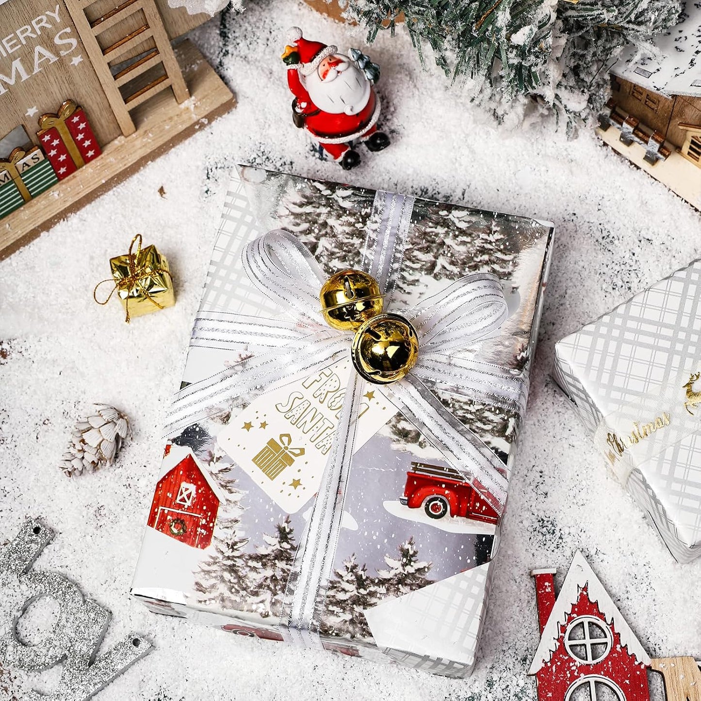 LeZakaa Christmas Silver Wrapping Paper Mini Roll for Boy Kid, Red Truck, Snowy Pine Forest & Grid Plaid, Silver Foil Reversible Design for Winter Holiday Family Gathering, 17 inches x 32.8 Feet